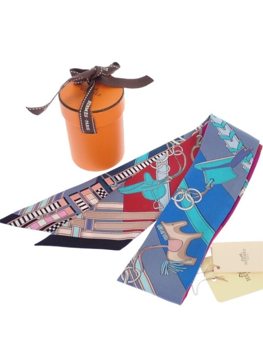 Hermes Twilly Brides Et Gray Bridle and Charm Scarf Silk Multicolor Blue